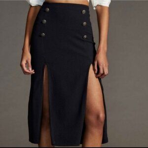 NWT Anthropologie Maeve Dual Split Button Midi Skirt in Navy